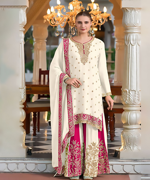 White & Pink Silk Partywear Suit